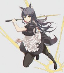 Rule 34 | 1girl, alternate costume, animal ears, apron, arknights, black dress, black footwear, black hair, black pantyhose, breasts, colored inner hair, dress, enmaided, frilled apron, frills, from above, full body, grey background, highres, holding, holding sword, holding weapon, jumping, kernel killer, leg up, looking at viewer, looking up, maid, medium breasts, multicolored hair, pantyhose, puffy short sleeves, puffy sleeves, red hair, short sleeves, simple background, solo, sword, tail, texas (arknights), two-tone hair, v-shaped eyebrows, weapon, white apron, wolf ears, wolf girl, wolf tail, yellow eyes