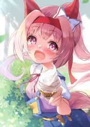 Rule 34 | 1girl, animal ears, blue overalls, blush, bow, flower-shaped pupils, flower in eye, food, food on face, from side, hair bow, hair intakes, haru urara (umamusume), headband, highres, horse ears, horse girl, horse tail, ice cream, ice cream cone, long hair, looking at viewer, nyahu (nyahu 77), open mouth, outdoors, outstretched hand, overalls, pink eyes, pink hair, pink shirt, ponytail, pov, ribbon, shirt, short sleeves, smile, soft serve, solo, symbol-shaped pupils, symbol in eye, tail, umamusume, upper body