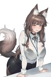 Rule 34 | 1girl, absurdres, animal ear fluff, animal ears, black bra, black choker, black ribbon, black skirt, blunt bangs, blush, bra, breasts, brown eyes, brown hair, brown pantyhose, buttons, choker, collarbone, collared shirt, commentary request, dalman, dress shirt, eyelashes, formal, fox ears, fox girl, fox tail, heart, heart choker, high-waist skirt, highres, huge breasts, id card, kitsune, lace, lace-trimmed bra, lace trim, large breasts, leaning forward, long hair, long sleeves, looking at viewer, makeup, mascara, miniskirt, neck ribbon, office lady, original, pantyhose, pencil skirt, ribbon, see-through, shirt, simple background, skirt, skirt suit, smile, solo, suit, tail, tail raised, underwear, white background, white shirt, wing collar