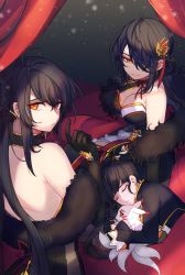 Rule 34 | 3girls, ahoge, ara haan, ara han, asymmetrical clothes, bad id, bad twitter id, bare shoulders, black dress, black gloves, black hair, braid, breasts, cleavage, closed eyes, corset, creature, cropped jacket, detached sleeves, devi (elsword), dress, elbow gloves, elsword, eyeliner, feather boa, gloves, hair between eyes, hair ornament, hair over one eye, hairpin, hand up, highres, hug, jewelry, large breasts, light particles, little devil (elsword), long hair, looking at another, looking at viewer, lying, makeup, multiple girls, mwo imma hwag, ponytail, side slit, sitting, sleeping, smile, under covers, very long hair, yama raja (elsword), yellow eyes