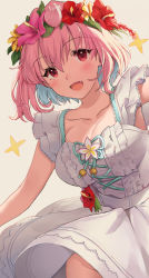 Rule 34 | 1girl, alternate costume, blue hair, blush, breasts, cleavage, collarbone, commentary, dress, fang, flower, grey background, groin, hair between eyes, head wreath, hibiscus, highres, idolmaster, idolmaster cinderella girls, idolmaster cinderella girls starlight stage, kirarin369, large breasts, looking at viewer, multicolored hair, no panties, open mouth, outstretched arms, pink eyes, pink flower, pink hair, pink rose, red flower, rose, short hair, simple background, smile, solo, tongue, two-tone hair, white dress, wind, wind lift, yellow flower, yumemi riamu