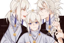 Rule 34 | 3boys, bai xiao, blue eyes, braid, caleb (sky: children of the light), earrings, face-to-face, fireworks, grey hair, highres, jewelry, long hair, long sleeves, male521842, mimizuku (sky: children of the light), multiple boys, necklace, open mouth, pointy hair, ponytail, profile, red eyes, siblings, single braid, sky: children of the light, sparkler, tassel, tassel earrings, twins, upper body, v-shaped eyebrows, white hair, yellow eyes