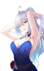 Rule 34 | 1girl, adjusting hair, ahoge, armpits, arms behind head, arms up, belt, braid, breasts, cleavage, commentary request, granblue fantasy, hair between eyes, head tilt, high ponytail, highres, large breasts, long hair, multicolored hair, pale skin, parted lips, silva (gentian blue) (granblue fantasy), silva (granblue fantasy), silver hair, solo, twin braids, wavy hair, yellow eyes, yuuge ningen