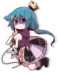 Rule 34 | 1girl, 7th dragon, 7th dragon (series), animal ear fluff, animal ears, black footwear, black ribbon, blue hair, blush, boots, brown shirt, closed mouth, collared shirt, crown, frilled skirt, frills, full body, hugging object, juliet sleeves, kneehighs, long hair, long sleeves, looking at viewer, low twintails, mini crown, momomeno (7th dragon), multicolored clothes, multicolored skirt, naga u, neck ribbon, princess (7th dragon), puffy sleeves, purple eyes, ribbon, shadow, shirt, skirt, socks, solo, striped clothes, striped socks, stuffed animal, stuffed rabbit, stuffed toy, twintails, unworn crown, very long hair, white background