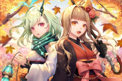 Rule 34 | 2girls, autumn leaves, black gloves, blonde hair, bow, chain, commentary request, flower, frills, gloves, green hair, hair bow, hair flower, hair ornament, hairclip, horns, japanese clothes, kimono, leaf, lf (paro), little match girl (sinoalice), long hair, looking at viewer, maple leaf, multiple girls, oil-paper umbrella, orange eyes, red eyes, red riding hood (sinoalice), sash, scarf, short hair, single horn, sinoalice, teeth, umbrella, upper teeth only, waist bow, wide sleeves