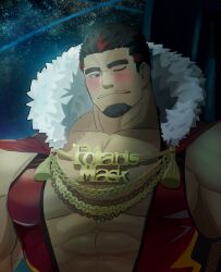 Rule 34 | 1boy, absurdres, bara, blush, brown eyes, chain necklace, dark-skinned male, dark skin, facial hair, fur trim, goatee, gold necklace, highres, jewelry, konpei daidai, large pectorals, licking lips, live a hero, looking at viewer, male focus, mature male, muscular, muscular male, mustache stubble, necklace, one eye closed, pectoral cleavage, pectorals, polaris mask (live a hero), seductive smile, shooting star, sidepec, smile, solo, strongman waist, stubble, thick neck, tongue, tongue out, upper body, wrestling outfit