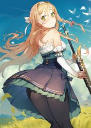 Rule 34 | 1girl, atelier (series), atelier ryza, atelier ryza 1, black pantyhose, blonde hair, bow, braid, bridal gauntlets, brown hairband, dress, elbow gloves, french braid, frilled dress, frills, from behind, gloves, green eyes, hair bow, hairband, high-waist skirt, highres, klaudia valentz, long hair, looking at viewer, looking back, official art, pantyhose, shirt, simple background, skirt, solo, toridamono, white bow, white shirt
