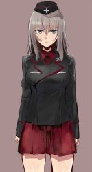 Rule 34 | 10s, 1girl, black jacket, blue eyes, garrison cap, girls und panzer, hat, highres, itsumi erika, jacket, military, military uniform, red skirt, school uniform, silver hair, simple background, skirt, solo, toritori, uniform