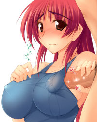 Rule 34 | 1girl, blush, breasts, handjob, kousaka tamaki, large breasts, long hair, paizuri, paizuri under clothes, penis, penis under another&#039;s clothes, red eyes, red hair, solo focus, swimsuit, to heart (series), to heart 2, uncensored, zekkyon