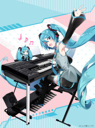 Rule 34 | 1girl, agonasubi, aqua background, aqua hair, aqua nails, aqua necktie, armpits, bare shoulders, beamed eighth notes, black footwear, black skirt, black sleeves, black thighhighs, blush, boots, character doll, collared shirt, commentary request, detached sleeves, eighth note, full body, grey shirt, hatsune miku, headset, highres, instrument, keyboard (instrument), long hair, looking to the side, musical note, necktie, open mouth, outstretched arm, pink background, pleated skirt, quarter note, shirt, sidelocks, skirt, sleeveless, sleeveless shirt, solo, stuffed animal, stuffed toy, teeth, thigh boots, thighhighs, twintails, upper teeth only, very long hair, vocaloid, white background