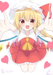 Rule 34 | 1girl, :d, absurdres, ascot, backlighting, blonde hair, blush, collared shirt, commentary request, crystal, fangs, flandre day, flandre scarlet, frilled shirt collar, frilled skirt, frills, hat, heart, highres, imminent hug, long hair, mob cap, multicolored wings, open mouth, outstretched arms, puffy short sleeves, puffy sleeves, red eyes, red skirt, red vest, shirt, short sleeves, simple background, skirt, skirt set, smile, solo, touhou, vest, white background, white hat, white shirt, wings, yellow ascot, youka1258