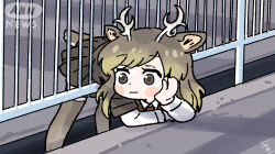 Rule 34 | 1girl, :|, animal ears, antlers, ap dul, bad id, bad twitter id, bent over, blush, brown eyes, brown shirt, brown skirt, brown thighhighs, chibi, closed mouth, commentary request, concrete, day, deer ears, deer girl, deer tail, elbow rest, fence, hand on own cheek, hand on own face, hands up, horns, kemono friends, korean commentary, layered sleeves, legs apart, long hair, long sleeves, looking away, looking to the side, miniskirt, necktie, outdoors, personification, photo-referenced, pleated skirt, red necktie, shirt, short sleeves, skirt, solo, standing, stuck, tail, thighhighs, white sleeves, yezo sika deer (kemono friends), zettai ryouiki