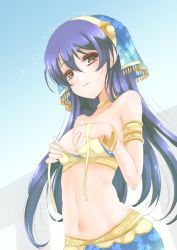 Rule 34 | 10s, 1girl, 3:, blue hair, blush, breasts, covering privates, covering breasts, frapowa, harem outfit, long hair, looking at viewer, love live!, love live! school idol festival, love live! school idol project, midriff, navel, solo, sonoda umi, sparkle, undressing, veil, yellow eyes