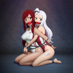 Rule 34 | 2girls, absurdres, ball gag, bdsm, blue eyes, bondage, bound, chain, collar, competition swimsuit, covered erect nipples, drew gardner, erza scarlet, fairy tail, gag, gagged, highres, kneeling, leg tattoo, long hair, looking at viewer, mirajane strauss, multiple girls, one-piece swimsuit, red hair, swimsuit, tattoo, white hair