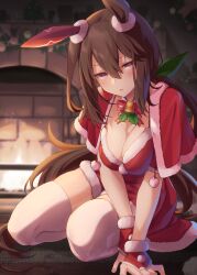 Rule 34 | 1girl, admire vega (umamusume), animal ears, bell, breasts, brown hair, capelet, christmas, cleavage, commentary request, ear covers, hair between eyes, highres, horse ears, horse girl, horse tail, indoors, large breasts, long hair, looking at viewer, neck bell, purple eyes, red capelet, red skirt, single ear cover, sitting, skirt, solo, starheart, tail, thighhighs, thighs, umamusume, white thighhighs