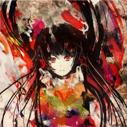Rule 34 | 1girl, abstract, black hair, bow, colorful, expressionless, hair bow, hair strand, hakurei reimu, hanuu, long hair, long sleeves, looking at viewer, red eyes, sketch, solo, touhou, upper body, very long hair