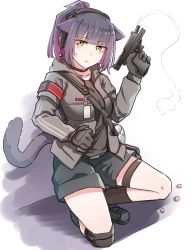 Rule 34 | 1girl, animal ears, arknights, black choker, black footwear, black gloves, black shirt, black shorts, black socks, blouse, blue hair, breasts, cat ears, cat girl, cat tail, choker, collarbone, colored inner hair, commentary, gloves, green eyes, grey jacket, gun, handgun, headset, highres, holding, holding gun, holding weapon, implied extra ears, jacket, jessica (arknights), k0ng, looking at viewer, medium breasts, multicolored hair, open clothes, open jacket, pink hair, pistol, shadow, shirt, shoes, shorts, simple background, smoke, smoking barrel, socks, solo, squatting, sweatdrop, tail, thigh strap, weapon, white background