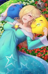 Rule 34 | 1girl, 2others, blonde hair, blue dress, blush, breasts, cleavage, crown, dress, closed eyes, flower, grass, hair over one eye, happy, highres, ippers, luma (mario), mario (series), mini crown, multiple others, nail polish, nintendo, open mouth, rosalina, smile, strapless, strapless dress, super mario galaxy