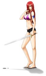 Rule 34 | 1girl, absurdres, barefoot, bikini, brown eyes, earrings, erza scarlet, fairy tail, feet, hair over one eye, highres, jewelry, long hair, mechr, red hair, shorts, smile, solo, swimsuit, sword, tattoo, toes, unzipped, weapon, wet