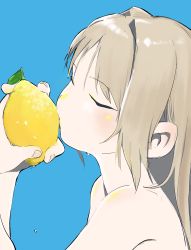 Rule 34 | 1girl, absurdres, blue background, blush, bouen, closed eyes, food, fruit, grey hair, highres, holding, holding food, holding fruit, lemon, long hair, nude, original, simple background, solo, upper body, water drop