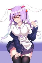 Rule 34 | 1girl, :o, alternate hairstyle, animal ears, black thighhighs, blush, commentary request, eyelashes, feet out of frame, highres, light purple hair, long hair, long sleeves, looking at viewer, open mouth, rabbit ears, reisen udongein inaba, rimless eyewear, simple background, sitting, solo, thighhighs, touhou, two side up, white background, xialuluo (sharuro)