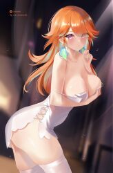 Rule 34 | 1girl, alternate costume, ass, blush, breast hold, breasts, cross-laced clothes, earrings, feather earrings, feathers, gradient hair, highres, hololive, hololive english, jewelry, large breasts, long hair, looking at viewer, multicolored hair, oioi ainomo, orange hair, paid reward available, purple eyes, solo, strap slip, takanashi kiara, thighhighs, twitter username, virtual youtuber, white thighhighs
