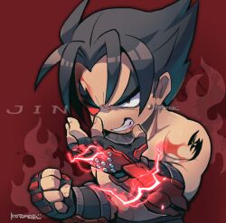 Rule 34 | 1boy, angry, character name, fingerless gloves, fingernails, gloves, kazama jin, kotorai, male focus, pectorals, red background, red eyes, red gloves, short hair, shoulder tattoo, solo, studded gloves, sweatdrop, tattoo, tekken, thick eyebrows, topless male, v-shaped eyebrows