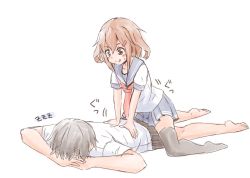 Rule 34 | 10s, 1boy, 1girl, admiral (kancolle), black hair, black thighhighs, brown eyes, brown hair, commentary request, fujishima shinnosuke, hair ornament, hairclip, ikazuchi (kancolle), kantai collection, lying, massage, neckerchief, on floor, on stomach, pleated skirt, school uniform, serafuku, short hair, short sleeves, simple background, skirt, sleeping, smile, straddling, thighhighs, tongue, tongue out, white background, zzz