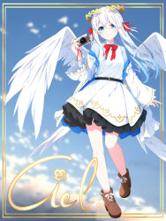 Rule 34 | 1girl, angel wings, aoi thomas, blue eyes, blue hair, blue shirt, blue sky, boots, bow, brown footwear, camera, closed mouth, cloud, collared shirt, commentary request, day, dress, feathered wings, full body, gradient hair, highres, holding, holding camera, jacket, laurel crown, long sleeves, looking at viewer, multicolored hair, no socks, off shoulder, open clothes, open jacket, original, red bow, revision, shirt, sky, sleeveless, sleeveless shirt, smile, solo, white dress, white hair, white jacket, white wings, wide sleeves, wings