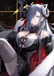 Rule 34 | 1girl, absurdres, alternate costume, animal ears, august von parseval (azur lane), azur lane, black jacket, blue eyes, blue hair, breasts, cleavage, closed mouth, cross, cross necklace, fake animal ears, fur, gloves, hair over eyes, highres, holding, holding scepter, horns, huge filesize, jacket, jewelry, large breasts, long hair, looking at viewer, necklace, one eye covered, sankyo (821-scoville), scepter, sitting, solo, star (symbol), starry background, thighhighs, white gloves, white thighhighs