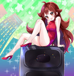 Rule 34 | 1girl, :d, amimi, arm support, ass, bare arms, blush, breasts, brown eyes, brown hair, commentary request, dress, friday night funkin&#039;, girlfriend (friday night funkin&#039;), high heels, legs, open mouth, red dress, red footwear, sitting, smile, speaker, thighs