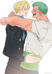 Rule 34 | 2boys, absurdres, arms around neck, bara, blonde hair, blush, couple, curly eyebrows, facial hair, formal, from side, goatee, green hair, hair over one eye, highres, large pectorals, laughing, long sideburns, male focus, multiple boys, muscular, muscular male, one piece, pectorals, roronoa zoro, sanji (one piece), short hair, sideburns, sigh, sparkle, suit, sweetdou3, yaoi