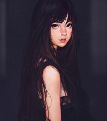 Rule 34 | 1girl, bare shoulders, black dress, breasts, brown eyes, brown hair, closed mouth, dress, eyelashes, eyeliner, from side, guweiz, lips, long hair, looking at viewer, makeup, medium breasts, nose, original, photo-referenced, pink lips, portrait, sleeveless, sleeveless dress, solo