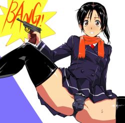 Rule 34 | 1boy, black hair, black thighhighs, blue jacket, blue panties, blue skirt, blush, brown eyes, bulge, buttons, commentary request, crossdressing, erection, gun, jacket, kamisimo 90, male focus, necktie, open mouth, original, panties, pleated skirt, ponytail boy (kamisimo 90), presenting, red necktie, scarf, shirt, skirt, solo, speech bubble, spread legs, sweat, thighhighs, trap, underwear, weapon, white shirt