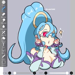 Rule 34 | 1girl, 3d glasses, akuwashere, amazon pandora, armored leotard, blue hair, breasts, cleavage, gushing, highres, kid icarus, kid icarus uprising, large breasts, long hair, nintendo, ponytail, purple eyes, solo, spanish text, tagme, thick thighs, thighs, upper body