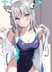 Rule 34 | 1girl, :/, animal ear fluff, animal ears, atto silia, bare shoulders, black one-piece swimsuit, blue archive, blue eyes, breasts, bright pupils, cleavage, closed mouth, collarbone, collared shirt, commentary request, competition swimsuit, cross hair ornament, dress shirt, extra ears, grey hair, groin, hair ornament, halo, highleg, highleg swimsuit, highres, indoors, looking at viewer, medium breasts, medium hair, mismatched pupils, official alternate costume, one-piece swimsuit, open clothes, open shirt, shiroko (blue archive), shiroko (swimsuit) (blue archive), shirt, sidelocks, solo, standing, swimsuit, two-tone swimsuit, undressing, upper body, white pupils, white shirt, wolf ears