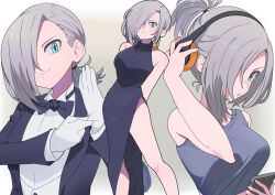 Rule 34 | 1girl, absurdres, alternate costume, alternate hairstyle, aqua eyes, black bow, black bowtie, black dress, bow, bowtie, breasts, butler, cellphone, commission, dress, feet out of frame, female butler, girls&#039; frontline, gloves, grey hair, hair over one eye, headphones, highres, looking at viewer, medium breasts, medium hair, mg5 (girls&#039; frontline), multiple views, phone, second-party source, smartphone, tank top, upper body, wakimae62, white gloves