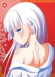 Rule 34 | 1230 mochi, 1girl, absurdres, back, blue eyes, blunt ends, blush, bright pupils, close-up, commentary request, flower, from behind, hair behind ear, hair between eyes, hair ornament, hairclip, hand on own shoulder, highres, long hair, looking at viewer, looking back, naruse shiroha, profile, red background, red flower, shirt, sideways glance, simple background, single bare shoulder, solo, summer pockets, tsurime, white hair, white shirt