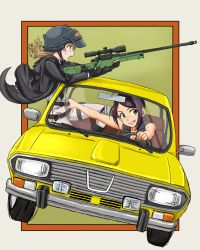 Rule 34 | 2girls, ai arctic warfare, armor, bare arms, bare shoulders, black footwear, black gloves, black neckwear, bolt action, boots, breasts, brown hair, car, cleavage, commentary request, dacia 1300, driving, finger on trigger, fingerless gloves, gameplay mechanics, gloves, green eyes, grin, gun, helmet, highres, holding, hood, hood down, hooded jacket, idolmaster, idolmaster cinderella girls, jacket, jazz jack, knee boots, long sleeves, medium breasts, morikubo nono, motor vehicle, multiple girls, necktie, open clothes, open jacket, open mouth, pants, parted bangs, playerunknown&#039;s battlegrounds, pocket, ponytail, purple eyes, rifle, scope, shirt, sleeveless, sleeveless shirt, smile, sniper rifle, sweatdrop, teeth, upper teeth only, vehicle focus, weapon, white pants, white shirt, yamato aki