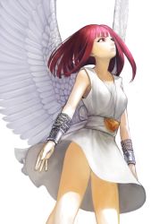 Rule 34 | 1girl, angel wings, bad id, bad pixiv id, belt, chain, clothes lift, cuffs, dress, dress lift, feathered wings, looking up, magi the labyrinth of magic, morgiana, red hair, short dress, sleeveless, sleeveless dress, solo, white background, white dress, wings, yumechigai