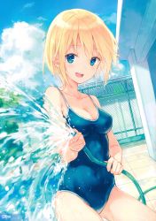 Rule 34 | 1girl, :d, absurdres, artist name, blonde hair, blue eyes, blush, breasts, chain-link fence, cleavage, cloud, collarbone, competition school swimsuit, covered navel, cowboy shot, day, dutch angle, fence, highres, hiten (hitenkei), hose, medium breasts, new school swimsuit, one-piece swimsuit, open mouth, original, outdoors, poolside, scan, school swimsuit, short hair, smile, solo, swimsuit, water, wet, wet clothes, wet swimsuit