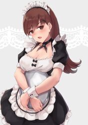 Rule 34 | 1girl, alternate costume, apron, black dress, breasts, brown eyes, brown hair, cleavage, cowboy shot, dress, enmaided, frilled apron, frilled dress, frills, highres, k jie, kantai collection, long hair, maid, maid headdress, medium breasts, ooi (kancolle), solo, tray, white apron