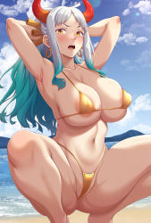 Rule 34 | 1girl, ao banana, areola slip, armpits, arms behind head, arms up, beach, bikini, blush, breasts, collarbone, colored pubic hair, commentary request, covered erect nipples, curled horns, day, earrings, feet out of frame, female pubic hair, green hair, grey hair, groin, hair ornament, hair stick, halterneck, highres, horns, huge breasts, jewelry, linea alba, long hair, looking at viewer, micro bikini, mountainous horizon, multicolored hair, multicolored horns, navel, ocean, one piece, oni, open mouth, orange horns, outdoors, pubic hair, pubic hair peek, red horns, sand, skindentation, sky, solo, spread legs, squatting, stomach, strap gap, swimsuit, thighs, v-shaped eyebrows, very long hair, water, yamato (one piece), yellow bikini, yellow eyes