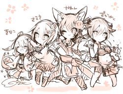 Rule 34 | 4girls, ahoge, animal ears, asymmetrical hair, bad id, bad pixiv id, bell, blush, cat hair ornament, chain, character name, chibi, circle, closed eyes, cow ears, cow horns, cow tail, cowbell, cuffs, fang, fox ears, fox tail, hair ornament, hairclip, highres, horns, japanese clothes, kaenuco, kimono, leaf, long hair, magatama, monochrome, multiple girls, multiple tails, one eye closed, open mouth, original, rabbit ears, ribbon, shackles, short hair, side ponytail, sitting, smile, sweat, tail, third eye, wink