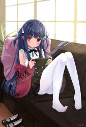 Rule 34 | 1girl, black footwear, black skirt, blouse, blue hair, blunt bangs, blunt ends, blush, book, controller, couch, cushion, dark blue hair, dorsiflexion, eluthel, game controller, highres, holding, holding book, holding controller, holding game controller, idolmaster, idolmaster cinderella girls, leaning back, lens flare, long hair, looking at viewer, mary janes, nintendo switch, on couch, pantyhose, red eyes, sajo yukimi, shirt, shoes, unworn shoes, sitting, skirt, sleeveless, sleeveless shirt, smile, solo, sunlight, two side up, white pantyhose, window