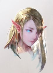 Rule 34 | 1girl, blonde hair, blue eyes, cropped shoulders, elf, grey background, hair over one eye, lips, long hair, nose, original, pointy ears, portrait, shuichi wada, simple background, solo