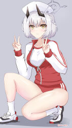 Rule 34 | 1girl, absurdres, alternate costume, ass, blue archive, braid, buruma, commentary request, demon girl, demon horns, double v, expressionless, grey background, gym uniform, hair between eyes, halo, highres, horns, jacket, kneeling, looking at viewer, medium hair, rasen manga, sena (blue archive), shoes, short sleeves, sidelocks, simple background, single braid, sneakers, solo, thighs, track jacket, v, white hair, yellow eyes
