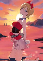Rule 34 | 1girl, arms behind back, bare shoulders, barefoot, blonde hair, blue eyes, blurry, blurry background, blush, breasts, cloud, cloudy sky, commentary request, creatures (company), evening, from side, game freak, hairband, highres, irida (pokemon), kneeling, looking at viewer, nintendo, ocean, orange sky, pokemon, pokemon legends: arceus, short hair, shorts, sky, small breasts, solo, sunset, wading, white shorts, yanagi (soke yanagi)