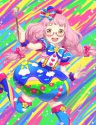 Rule 34 | 1girl, :d, beret, blue skirt, blue thighhighs, blush, bow, braid, brown eyes, bubble skirt, colorful, commentary request, cropped jacket, glasses, hat, holding, holding paintbrush, idol clothes, kiki ajimi, long hair, looking at viewer, multicolored background, open mouth, paintbrush, pink-framed eyewear, pink bow, pink hair, pretty series, print skirt, pripara, puffy short sleeves, puffy sleeves, shirt, short sleeves, skirt, smile, solo, standing, standing on one leg, suspender skirt, suspenders, thighhighs, twin braids, unya (unya-unya), white shirt, wrist cuffs