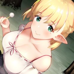 1girl bare_shoulders batsu black_skirt blonde_hair blush braid breasts cleavage closed_mouth elf forest french_braid green_eyes holding large_breasts looking_at_viewer mimikaki mole mole_under_eye nature original outdoors pleated_skirt pointy_ears shirt short_hair sitting skirt smile solo tree white_shirt